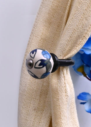 Curtain Tie Backs Hook Decorative Wall Hook- Blue Leaf on White (Set of Two)