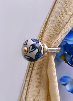 Curtain Tie Backs Hook Decorative Wall Hook- Blue Leaf on White (Set of Two)