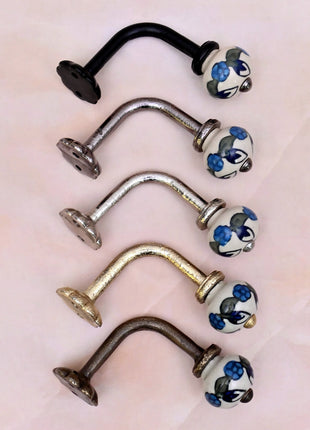 Curtain Tie Backs Hook Decorative Wall Hook- Blue Leaf on White (Set of Two)