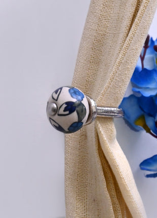 Curtain Tie Backs Hook Decorative Wall Hook- Blue Leaf on White (Set of Two)