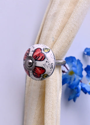 Curtain Tie Backs Hook Decorative Wall Hook- Red Floral & Yellow Accent Pattern (Set of Two)