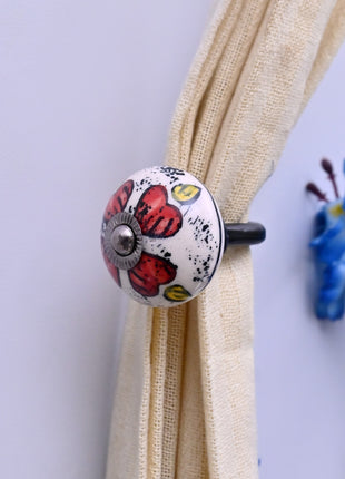 Curtain Tie Backs Hook Decorative Wall Hook- Red Floral & Yellow Accent Pattern (Set of Two)