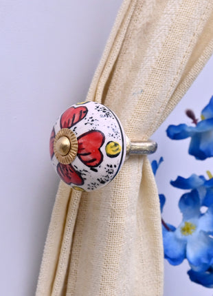 Curtain Tie Backs Hook Decorative Wall Hook- Red Floral & Yellow Accent Pattern (Set of Two)