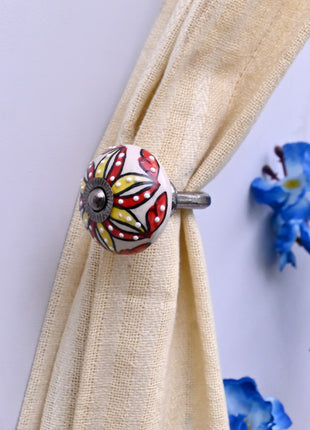 Curtain Tie Backs Hook Decorative Wall Hook- Red & Yellow Floral Pattern (Set of Two)