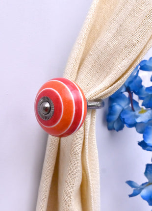 Curtain Tie Backs Hook Decorative Wall Hook-  Coral Red & Orange Striped (Set of Two)