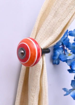 Curtain Tie Backs Hook Decorative Wall Hook-  Coral Red & Orange Striped (Set of Two)