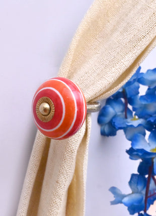 Curtain Tie Backs Hook Decorative Wall Hook-  Coral Red & Orange Striped (Set of Two)
