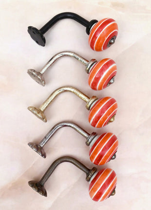 Curtain Tie Backs Hook Decorative Wall Hook-  Coral Red & Orange Striped (Set of Two)