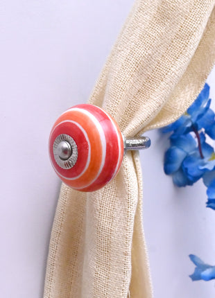 Curtain Tie Backs Hook Decorative Wall Hook-  Coral Red & Orange Striped (Set of Two)
