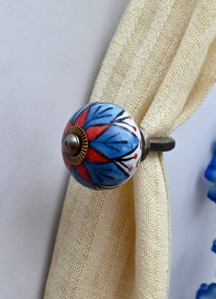 Curtain Tie Backs Hook Decorative Wall Hook- Blue & Red Floral (Set of Two)