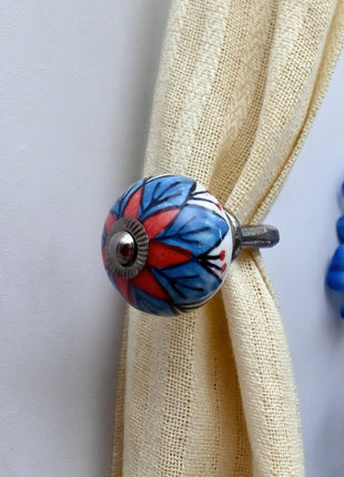 Curtain Tie Backs Hook Decorative Wall Hook- Blue & Red Floral (Set of Two)