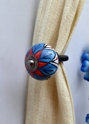 Curtain Tie Backs Hook Decorative Wall Hook- Blue & Red Floral (Set of Two)