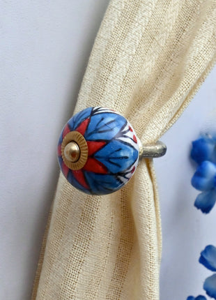 Curtain Tie Backs Hook Decorative Wall Hook- Blue & Red Floral (Set of Two)