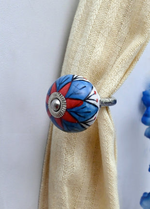 Curtain Tie Backs Hook Decorative Wall Hook- Blue & Red Floral (Set of Two)