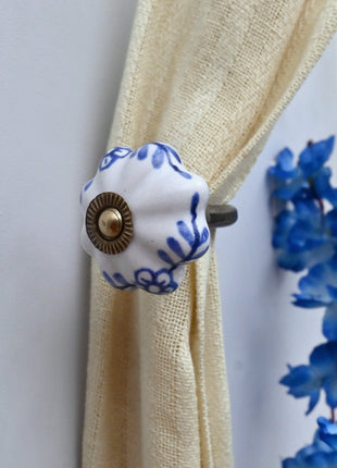 Curtain Tie Backs Hook Decorative Wall Hook- Blue Design on White Knob (Set of Two)