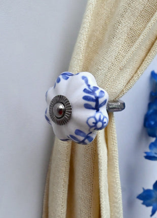 Curtain Tie Backs Hook Decorative Wall Hook- Blue Design on White Knob (Set of Two)