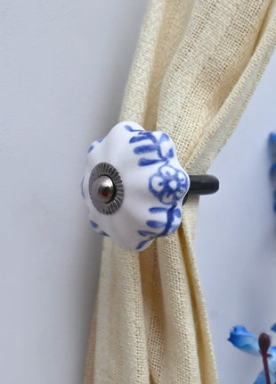 Curtain Tie Backs Hook Decorative Wall Hook- Blue Design on White Knob (Set of Two)