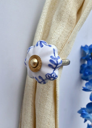 Curtain Tie Backs Hook Decorative Wall Hook- Blue Design on White Knob (Set of Two)