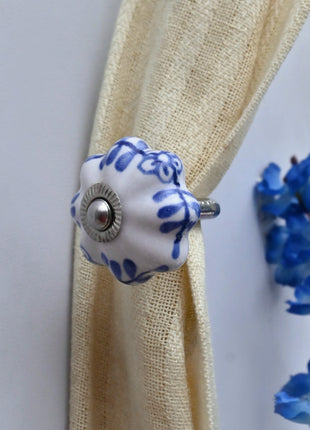 Curtain Tie Backs Hook Decorative Wall Hook- Blue Design on White Knob (Set of Two)