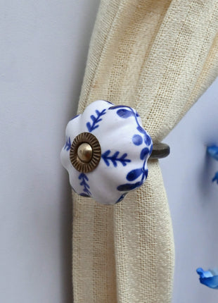 Curtain Tie Backs Hook Decorative Wall Hook- Blue Floral (Set of Two)