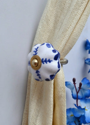 Curtain Tie Backs Hook Decorative Wall Hook- Blue Floral (Set of Two)
