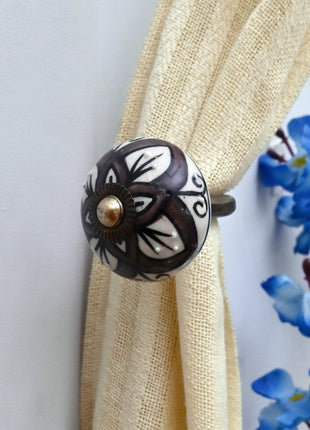 Curtain Tie Backs Hook Decorative Wall Hook- Brown & White (Set of Two)