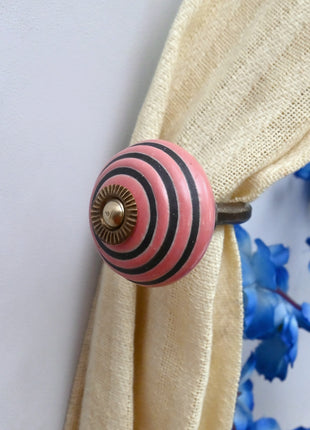 Curtain Tie Backs Hook Decorative Wall Hook- Pink & Black Striped (Set of Two)