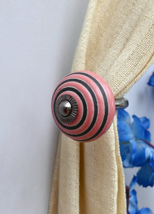 Curtain Tie Backs Hook Decorative Wall Hook- Pink & Black Striped (Set of Two)