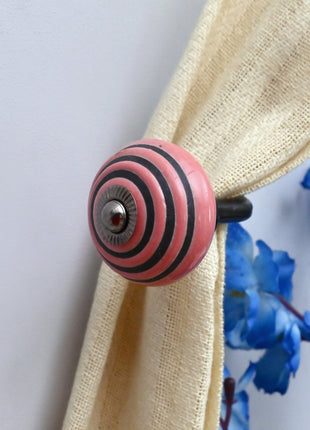 Curtain Tie Backs Hook Decorative Wall Hook- Pink & Black Striped (Set of Two)