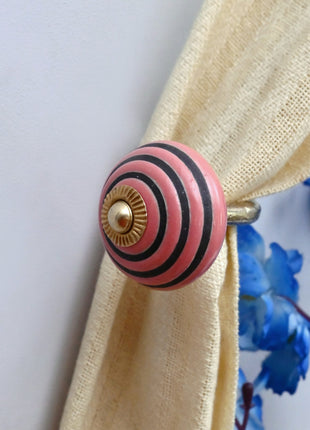 Curtain Tie Backs Hook Decorative Wall Hook- Pink & Black Striped (Set of Two)