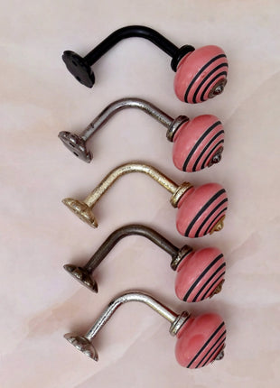 Curtain Tie Backs Hook Decorative Wall Hook- Pink & Black Striped (Set of Two)