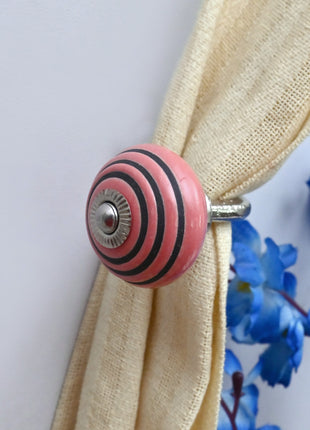 Curtain Tie Backs Hook Decorative Wall Hook- Pink & Black Striped (Set of Two)