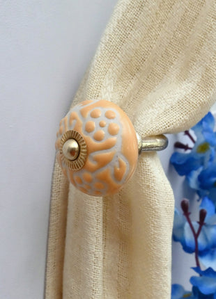 Curtain Tie Backs Hook Decorative Wall Hook- Yellow Floral Embossed (Set of Two)