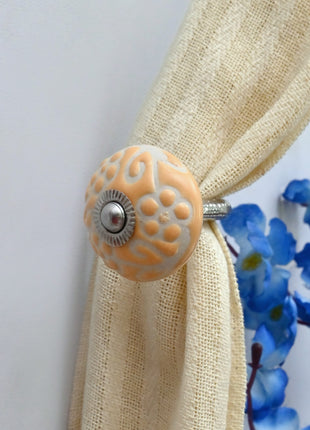 Curtain Tie Backs Hook Decorative Wall Hook- Yellow Floral Embossed (Set of Two)