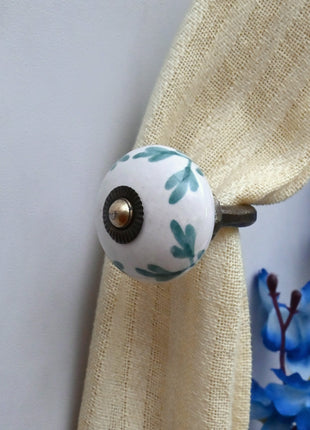 Curtain Tie Backs Hook Decorative Wall Hook- Mint Green Leaf Patterned (Set of Two)