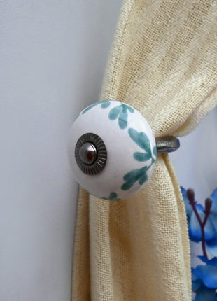 Curtain Tie Backs Hook Decorative Wall Hook- Mint Green Leaf Patterned (Set of Two)