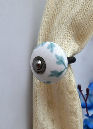 Curtain Tie Backs Hook Decorative Wall Hook- Mint Green Leaf Patterned (Set of Two)