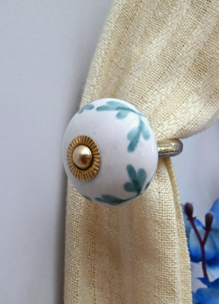 Curtain Tie Backs Hook Decorative Wall Hook- Mint Green Leaf Patterned (Set of Two)