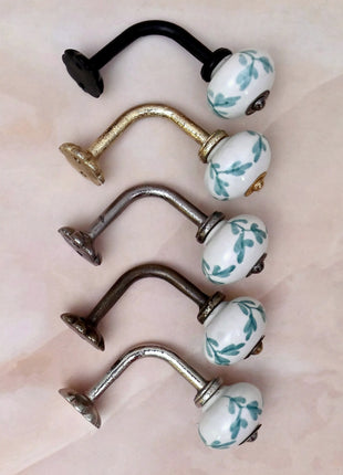 Curtain Tie Backs Hook Decorative Wall Hook- Mint Green Leaf Patterned (Set of Two)