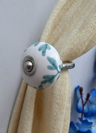 Curtain Tie Backs Hook Decorative Wall Hook- Mint Green Leaf Patterned (Set of Two)