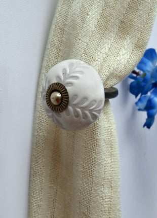 Curtain Tie Backs Hook Decorative Wall Hook- Textured Carved Off-White (Set of Two)