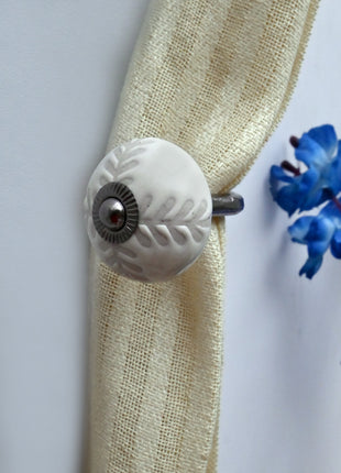 Curtain Tie Backs Hook Decorative Wall Hook- Textured Carved Off-White (Set of Two)