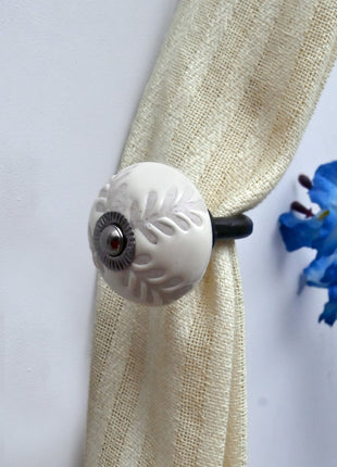 Curtain Tie Backs Hook Decorative Wall Hook- Textured Carved Off-White (Set of Two)