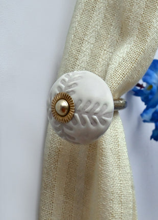 Curtain Tie Backs Hook Decorative Wall Hook- Textured Carved Off-White (Set of Two)
