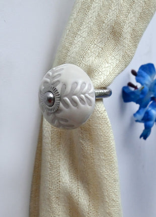 Curtain Tie Backs Hook Decorative Wall Hook- Textured Carved Off-White (Set of Two)
