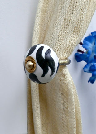 Curtain Tie Backs Hook Decorative Wall Hook- Black and White Zebra Stripe (Set of Two)