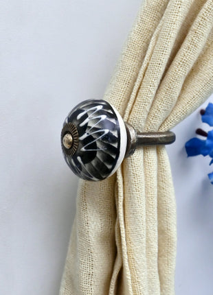 Curtain Tie Backs Hook Decorative Wall Hook- Black and Off-White Swirl (Set of Two)
