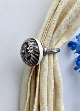 Curtain Tie Backs Hook Decorative Wall Hook- Black and Off-White Swirl (Set of Two)