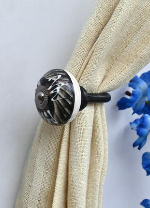 Curtain Tie Backs Hook Decorative Wall Hook- Black and Off-White Swirl (Set of Two)