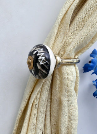 Curtain Tie Backs Hook Decorative Wall Hook- Black and Off-White Swirl (Set of Two)